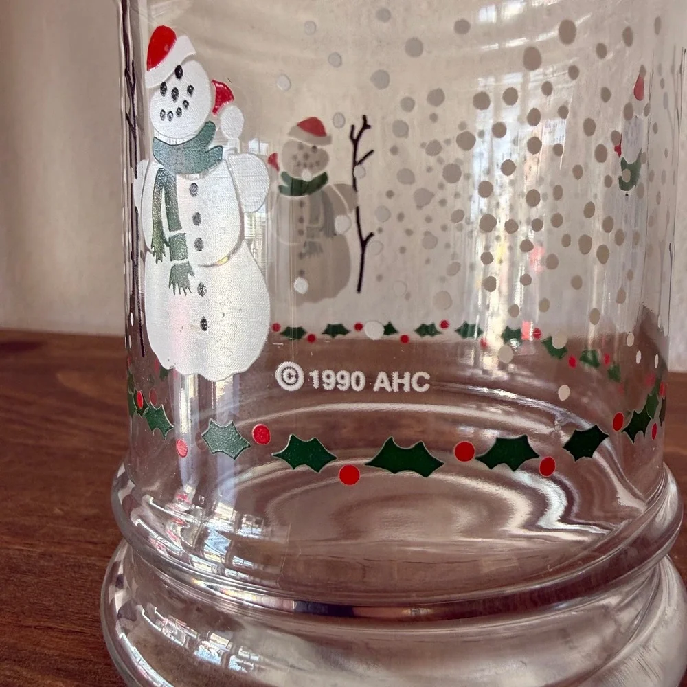 Vintage 1990 Anchor Hocking Snowman Holly Glass Votive Candle Holder Decor